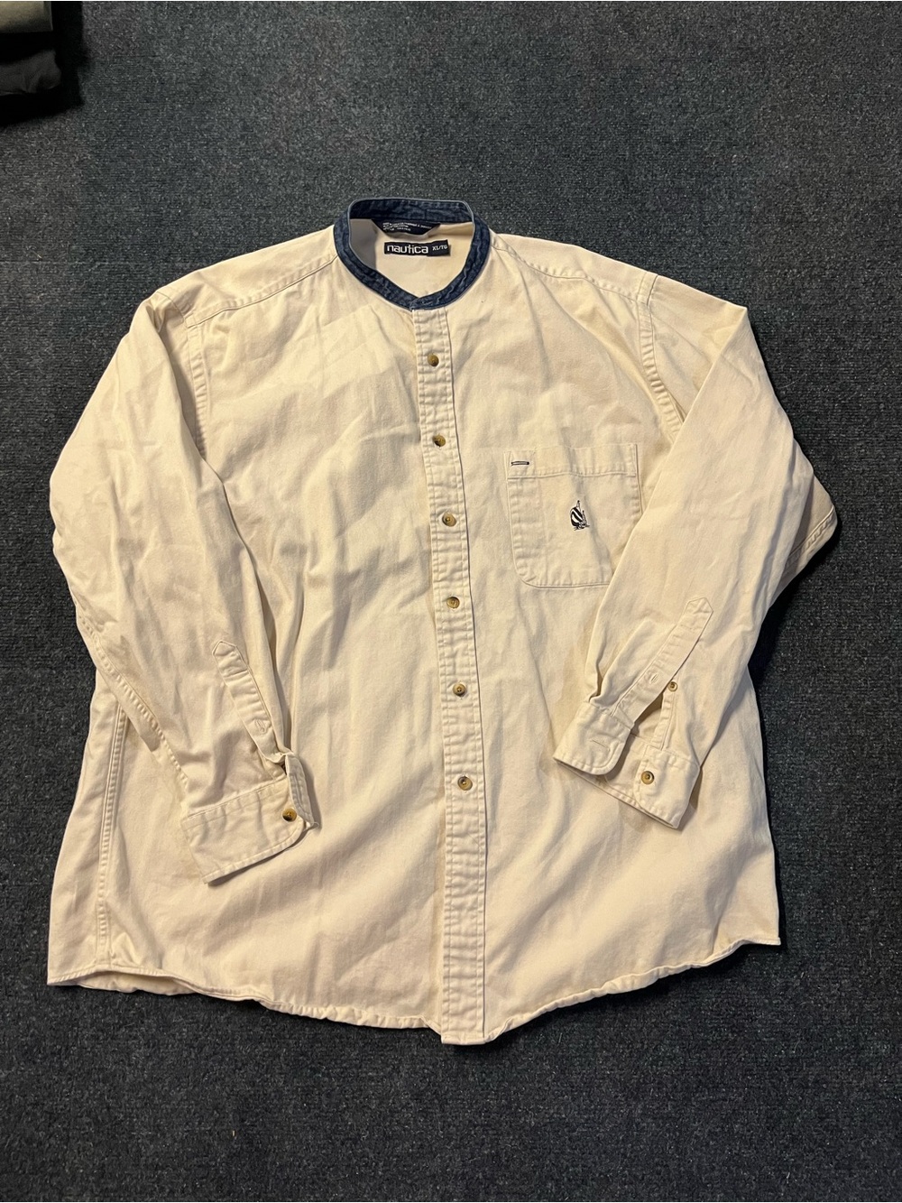 Nautica Cream Button-Down Shirt with Navy Contrast Collar